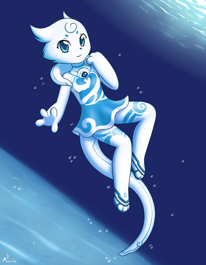 2020 anthro aurawing blue_body blue_eyes blue_skin clothed clothing dress female hi_res kemono long_tail looking_at_viewer mammal smile solo undersea young