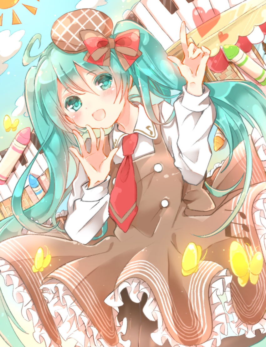 1girl ahoge aqua_eyes aqua_hair black_legwear blue_sky blush bow brown_bow brown_dress bug butterfly cloud commentary cowboy_shot crayon dress dutch_angle eighth_note english_commentary frilled_dress frills hair_bow hands_up hat hatsune_miku heart highres index_finger_raised insect long_hair long_sleeves musical_note musical_note_print open_mouth pantyhose piano_keys shirt sky smile solo sun symbol_commentary twintails very_long_hair vocaloid white_shirt yomigi