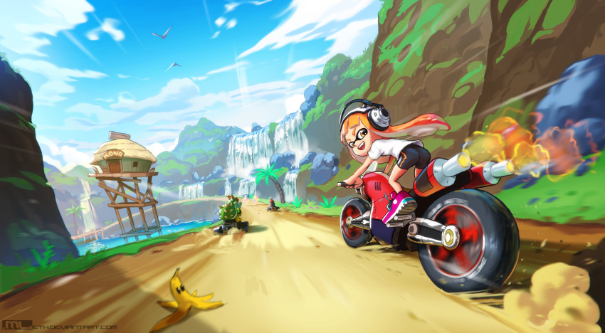 1girl 2boys artist_name ass banana_peel bike_shorts bird blue_sky bowser commentary crossover driving english_commentary exhaust_pipe fangs go_kart ground_vehicle headphones highres inkling looking_at_viewer looking_back mario mario_(series) mario_kart mathias_leth motion_blur motor_vehicle motorcycle mountain multiple_boys open_mouth orange_eyes orange_hair palm_tree racing riding road shoes short_shorts shorts sky sneakers speed_lines spiked_shell splatoon_(series) tentacle_hair tree water waterfall watermark web_address