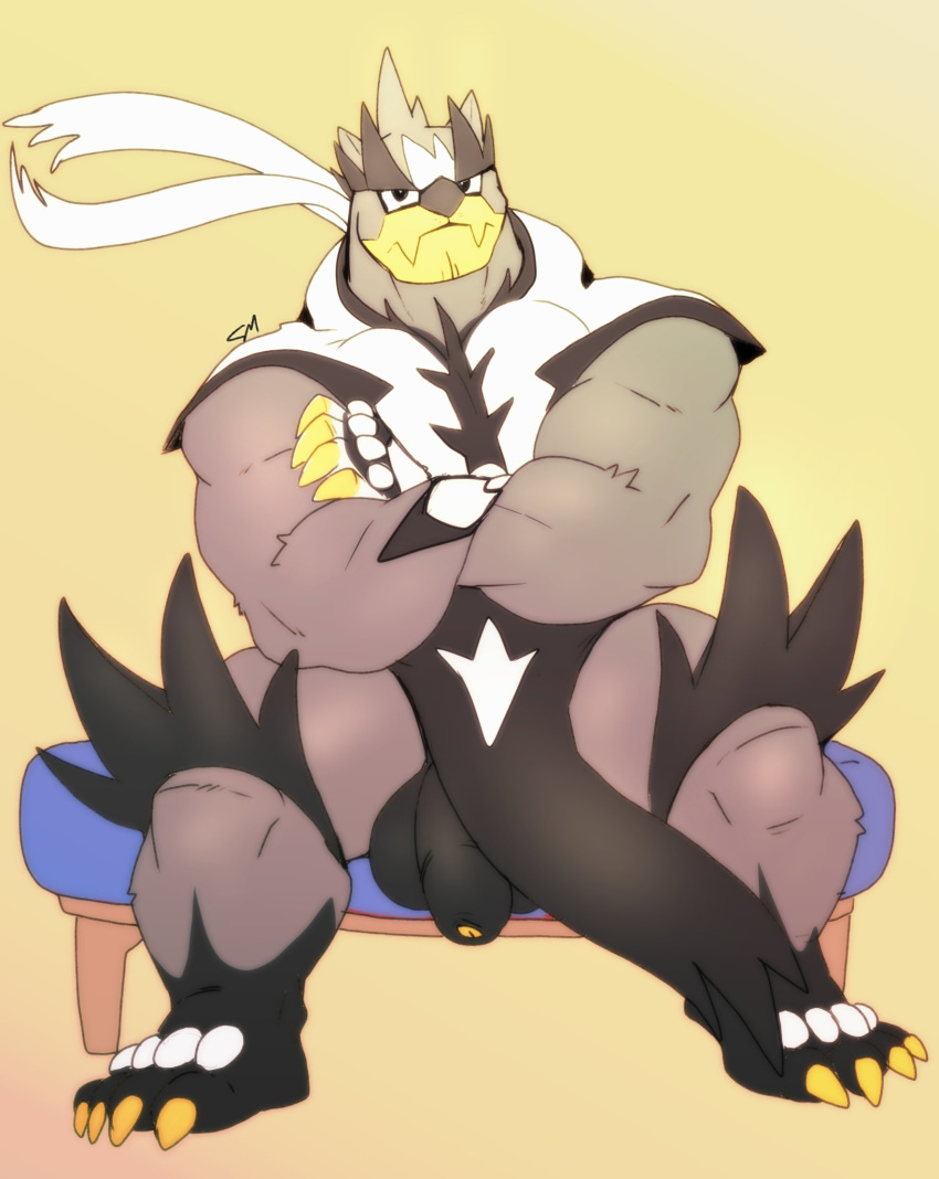 2020 anthro balls claws cursedmarked front_view legendary_pok&eacute;mon looking_at_viewer male muscular muscular_male nintendo penis pok&eacute;mon pok&eacute;mon_(species) simple_background sitting solo uncut urshifu urshifu_(single_strike_style) video_games