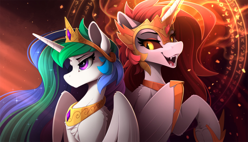 2020 black_sclera daybreaker_(mlp) digital_media_(artwork) duo equid equine fangs feathered_wings feathers female feral fire friendship_is_magic glowing hair hi_res horn long_hair looking_back mammal multicolored_hair my_little_pony open_mouth princess_celestia_(mlp) purple_eyes slit_pupils teeth winged_unicorn wings yakovlev-vad yellow_eyes