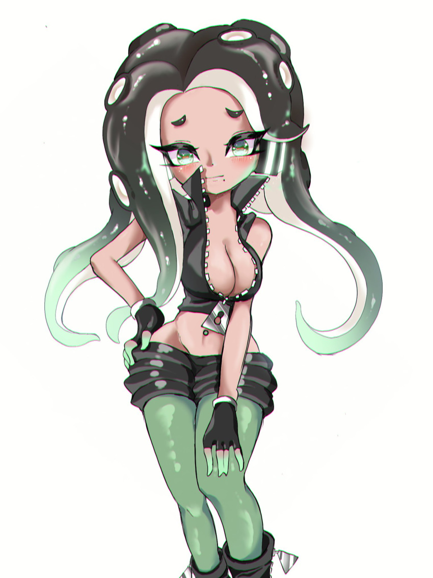 1girl black_footwear black_gloves black_shorts boots breasts cephalopod_eyes cleavage closed_mouth collared_vest commentary crop_top cropped_vest dark_skin domino_mask fingerless_gloves gloves gradient_hair green_eyes green_hair green_legwear hand_on_hip hand_on_own_thigh headphones highres iida_(splatoon) legwear_under_shorts long_hair looking_at_viewer makeup mascara mask medium_breasts mole mole_under_mouth multicolored multicolored_hair multicolored_skin navel_piercing octarian pantyhose piercing pink_pupils short_shorts shorts smile solo splatoon_(series) splatoon_2 standing suction_cups sukeo_(nunswa08) tentacle_hair zipper zipper_pull_tab