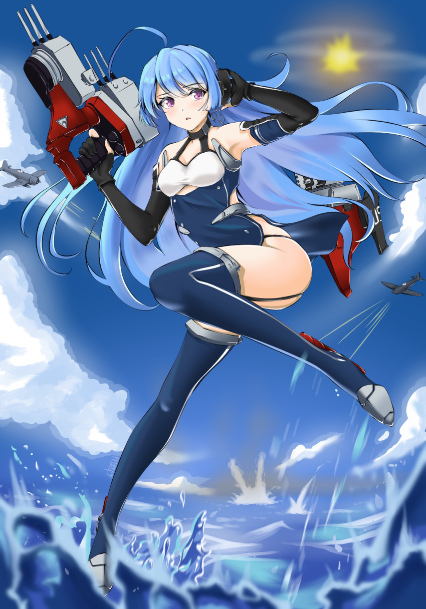 1girl ahoge aircraft airplane azur_lane black_gloves blue_dress blue_footwear blue_hair blue_sky blush boots breasts chaesu collar detached_sleeves dress earrings finger_on_trigger full_body garter_straps gloves gun handgun headset helena_(azur_lane) highres huge_ahoge jewelry leg_up long_hair long_legs mecha_musume ocean parrying purple_eyes short_dress side_slit skindentation sky small_breasts solo thigh_boots thighhighs walking walking_on_liquid water weapon