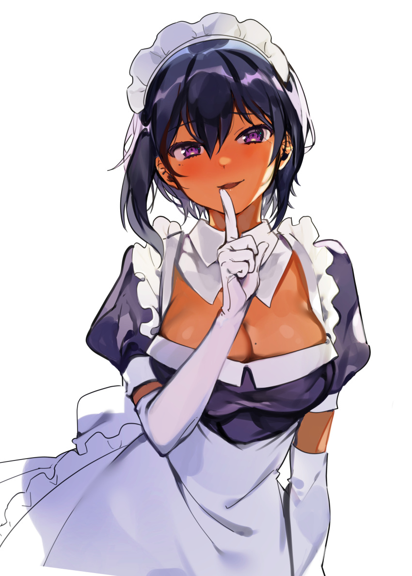 1girl absurdres apron black_hair blush breasts cleavage dark_skin elbow_gloves eyebrows_visible_through_hair gloves highres index_finger_raised konbu_wakame large_breasts looking_at_viewer maid maid_apron maid_headdress mole mole_on_breast mole_under_eye original parted_lips puffy_short_sleeves puffy_sleeves purple_eyes short_hair short_sleeves smile solo white_gloves