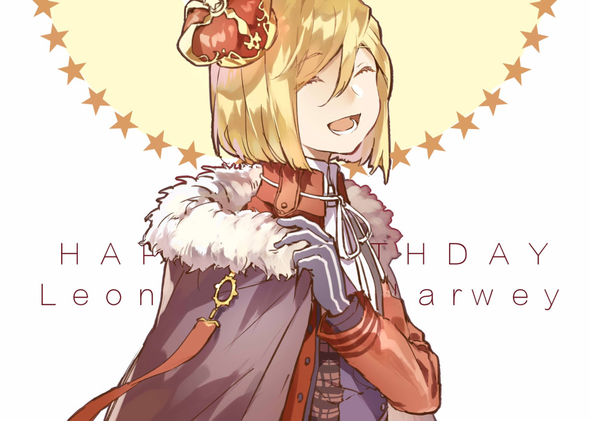1boy ^_^ blonde_hair cape closed_eyes crown eyelashes fate/extra fate_(series) gloves happy happy_birthday highres leonard_bistario_harway long_hair male_focus redoxhn solo