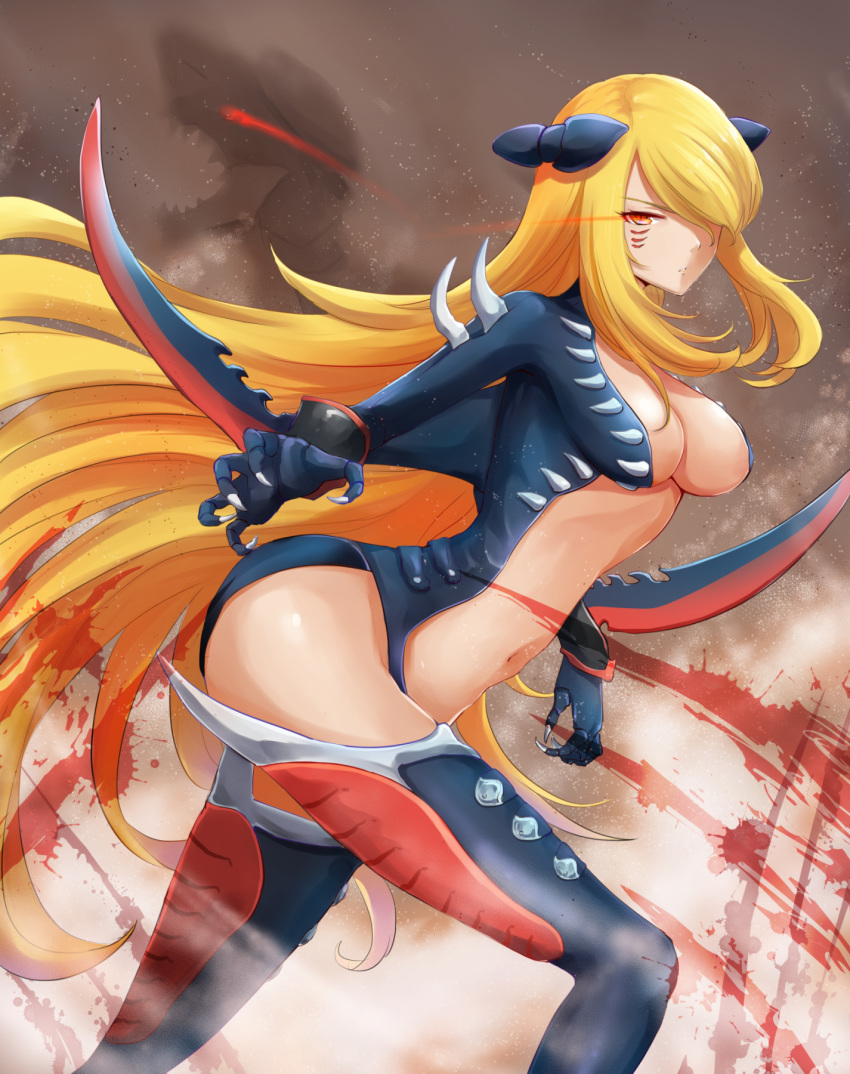 1girl blonde_hair blood bodysuit breasts claw_pose cosplay garchomp garchomp_(cosplay) gen_4_pokemon hair_over_one_eye highres impossible_clothes jojobirdz large_breasts long_hair navel pokemon pokemon_(game) pokemon_dppt red_eyes shirona_(pokemon) solo thighhighs very_long_hair