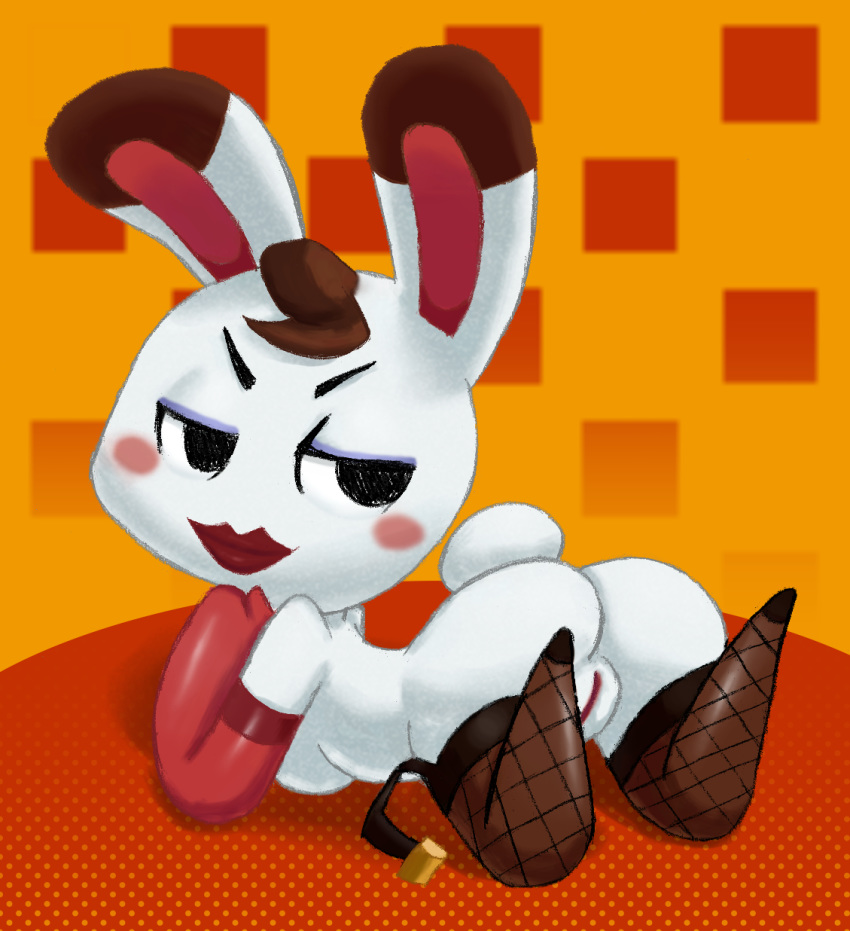 animal_crossing anthro breasts butt clothing featureless_feet female fishnet hi_res lagomorph legwear leporid lipstick looking_back makeup mammal nintendo praiz pussy rabbit solo sr stockings tiffany_(animal_crossing) video_games