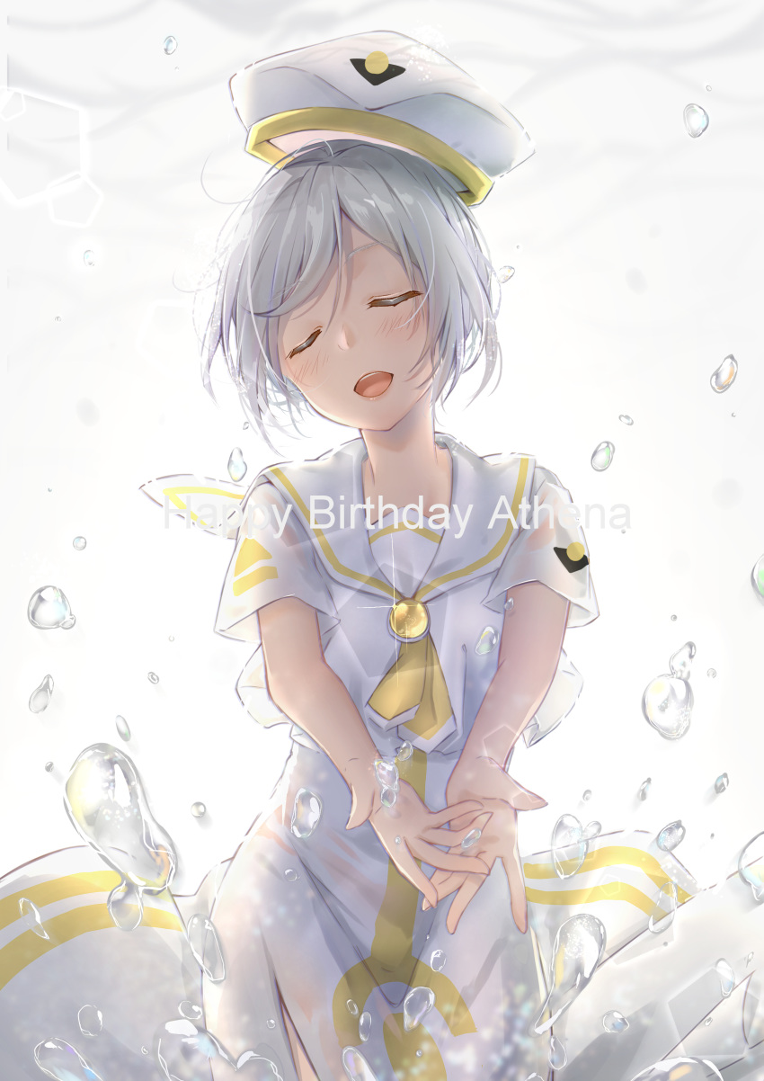 1girl absurdres aria athena_glory birthday blush bubble closed_eyes cowboy_shot dark_skin dress facing_viewer happy_birthday hat highres nut_megu open_mouth orange_planet_uniform sailor_collar short_hair short_sleeves side_slit solo underwater uniform water white_background white_hair