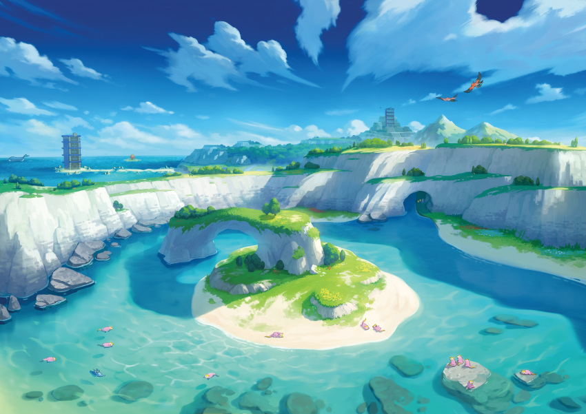 absurdres artist_request beach bird blissey blue_sky building bush cloud day dedenne flying galarian_form galarian_slowpoke gen_1_pokemon gen_2_pokemon gen_3_pokemon gen_4_pokemon gen_5_pokemon gen_6_pokemon gen_7_pokemon golduck grass happiny highres horizon huge_filesize kingdra larvesta lying magnezone mountain no_humans ocean official_art on_back on_side on_stomach outdoors partially_submerged pokemon pokemon_(creature) pokemon_(game) pokemon_swsh psyduck rock rockruff sand scenery sitting sky stairs swimming talonflame tower wailord water zorua