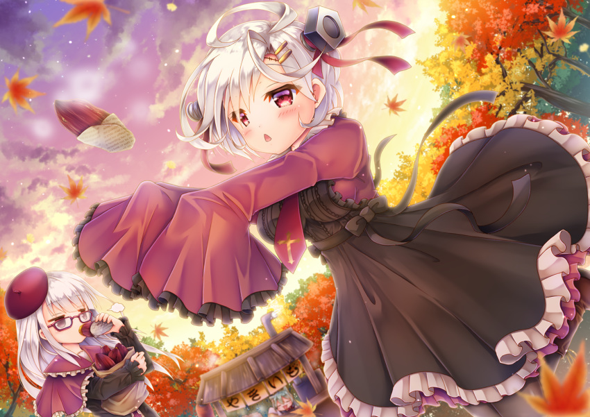 akashi_(azur_lane) anthropomorphism autumn azur_lane blush bow catgirl chibi clouds dress erebus_(azur_lane) food glasses gray_hair leaves pantyhose red_eyes sky terror_(azur_lane) tie tree yorarry