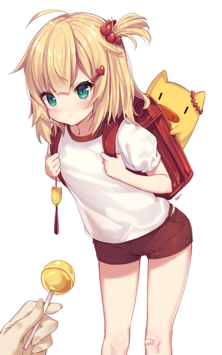 1girl ahoge akai_haato bandaid bangs blonde_hair blue_eyes blush breasts commentary_request eyebrows_visible_through_hair frown hair_ornament hairclip highres holding_lollipop hololive long_hair looking_at_viewer neps-l pig red_backpack red_shorts short_hair short_sleeves shorts simple_background solo_focus virtual_youtuber white_background