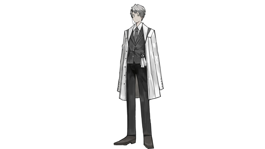 1boy brooch coat grey_eyes grey_hair highres hokma_(library_of_ruina) jacket_on_shoulders jewelry library_of_ruina long_coat looking_to_the_side monocle necktie official_art open_clothes open_coat shirt simple_background solo