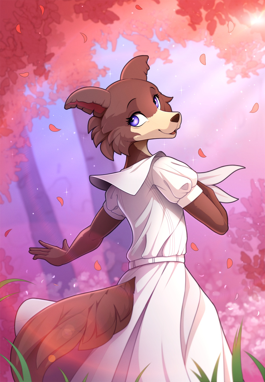 2019 5_fingers anthro beastars butt_pose canid canine canis clothed clothing digital_media_(artwork) domestic_dog dress female fingers fully_clothed hi_res juno_(beastars) looking_back mammal open_mouth pose smile solo wolf yakovlev-vad