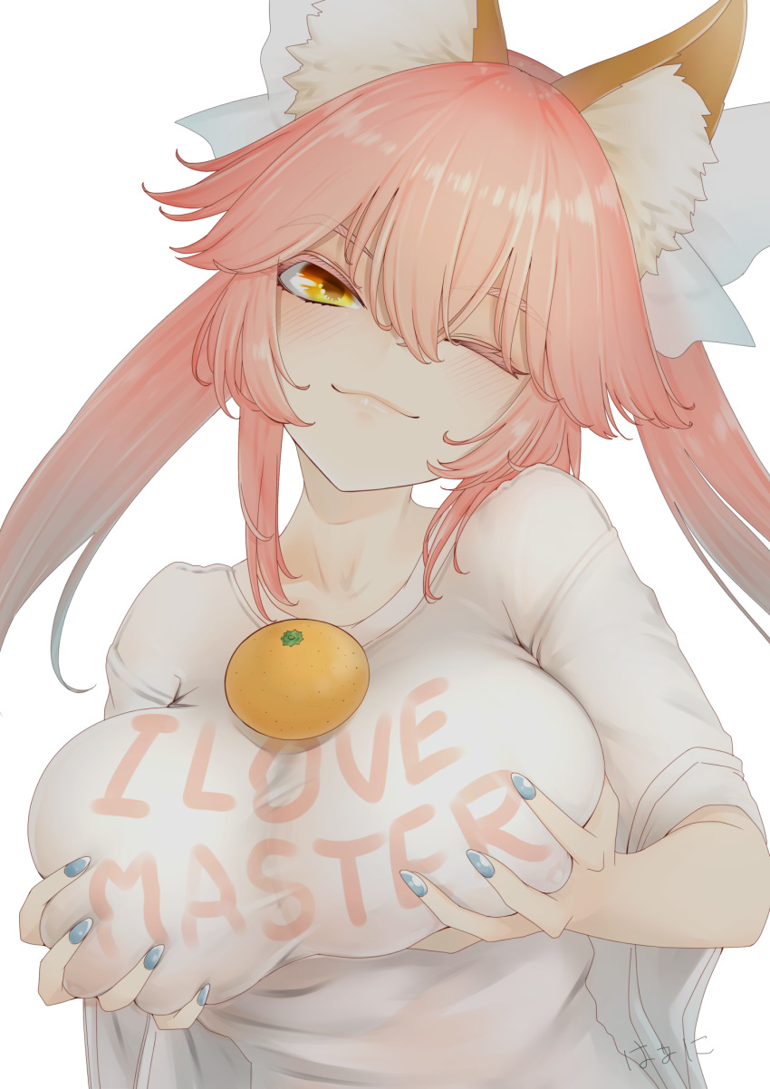 1girl animal_ear_fluff animal_ears blue_nails blush breast_hold breasts eyebrows_visible_through_hair fate_(series) food food_on_breasts fox_ears fox_girl fruit hair_ribbon highres large_breasts looking_at_viewer looking_down mandarin_orange nail_polish object_on_breast one_eye_closed oppai_mochi pink_hair ribbon simple_background solo tamamo_(fate)_(all) tamamo_no_mae_(fate) uminosobadashi white_background white_ribbon yellow_eyes