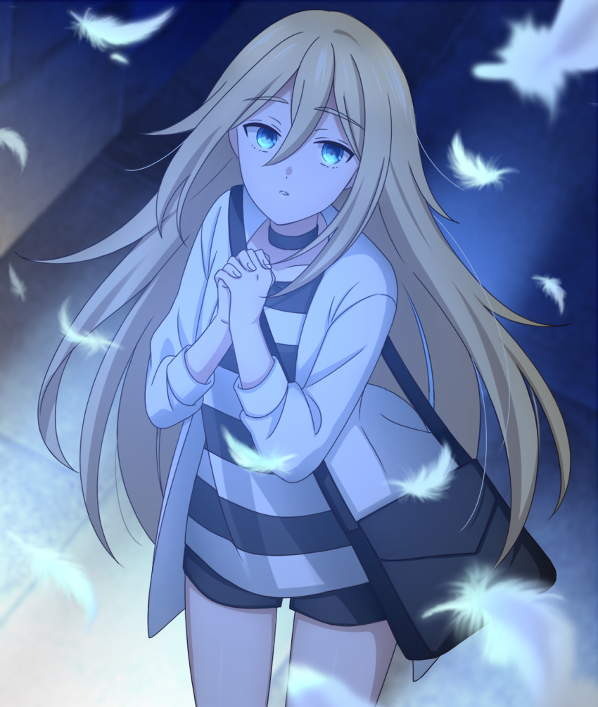 1girl black_bag black_shorts blonde_hair blue_eyes blurry blurry_background eyebrows_visible_through_hair floating_hair hair_between_eyes hands_clasped highres jacket long_hair long_sleeves looking_at_viewer looking_up open_clothes open_jacket own_hands_together parted_lips rachel_gardner satsuriku_no_tenshi shirt short_shorts shorts solo standing straight_hair striped suamaro very_long_hair white_feathers white_jacket