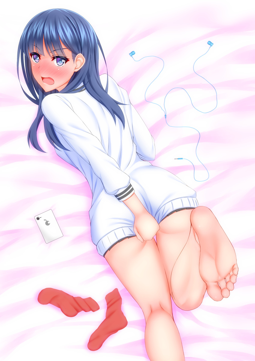 1girl absurdres ass bangs bare_legs barefoot bed_sheet blue_eyes blue_hair blush cellphone commentary_request covering covering_ass covering_crotch earbuds earphones embarrassed eyelashes feet from_above from_behind full_body highres kneepits long_hair long_sleeves looking_at_viewer looking_back lying on_stomach open_mouth phone pleated_skirt red_footwear shirouzu_myuuta sidelocks skirt skirt_tug smartphone socks_removed solo ssss.gridman sweater takarada_rikka white_cardigan white_sweater