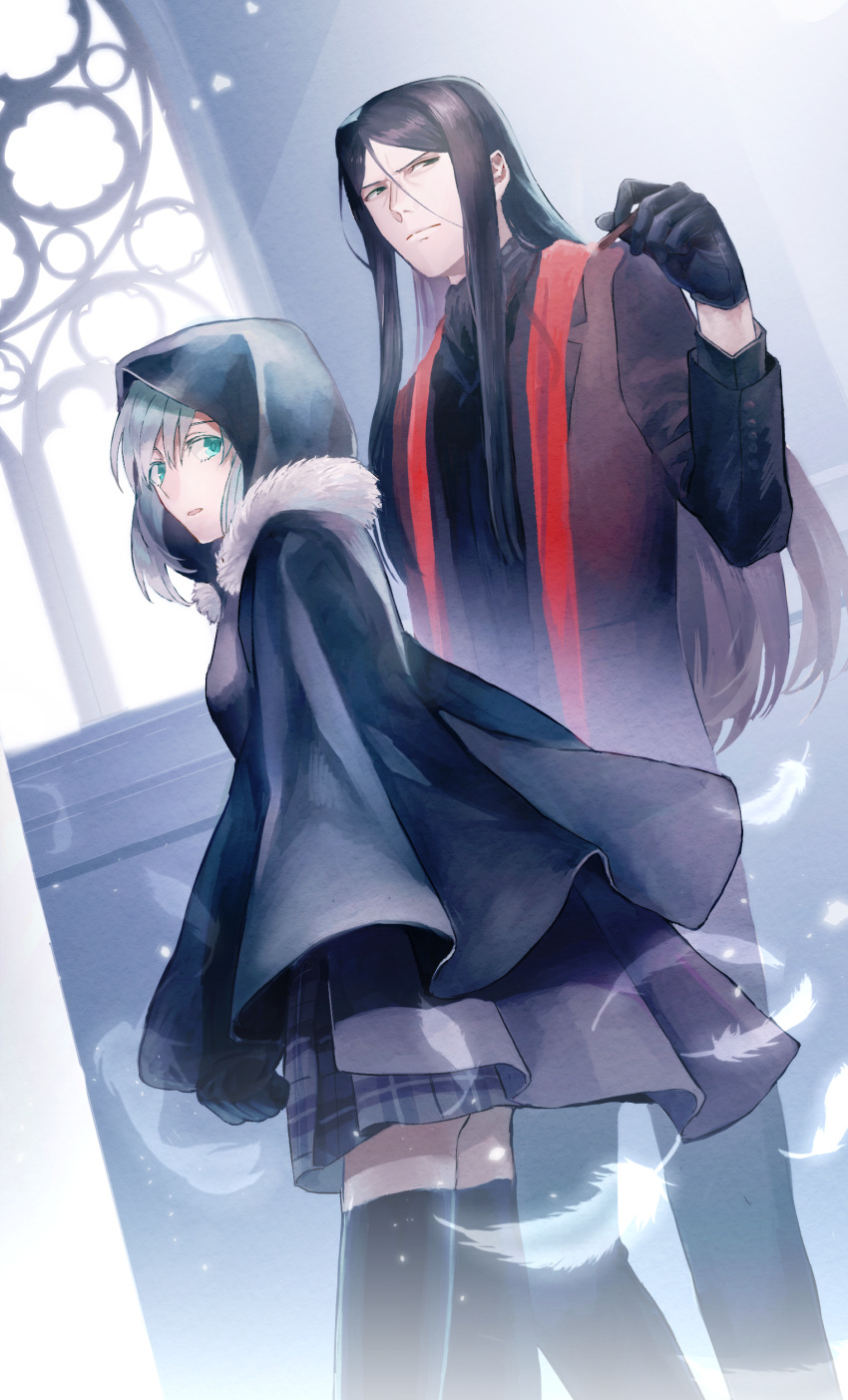 1boy 1girl absurdres black_cape black_gloves black_legwear cape capelet cigarette dutch_angle fate_(series) feathers fur-trimmed_capelet fur_trim gloves gray_(lord_el-melloi_ii) green_eyes grey_cape grey_hair hair_between_eyes highres holding holding_cigarette hood hood_up long_hair lord_el-melloi_ii lord_el-melloi_ii_case_files makimura_(miwmiw-cage) plaid plaid_skirt sidelocks skirt thighhighs waver_velvet window