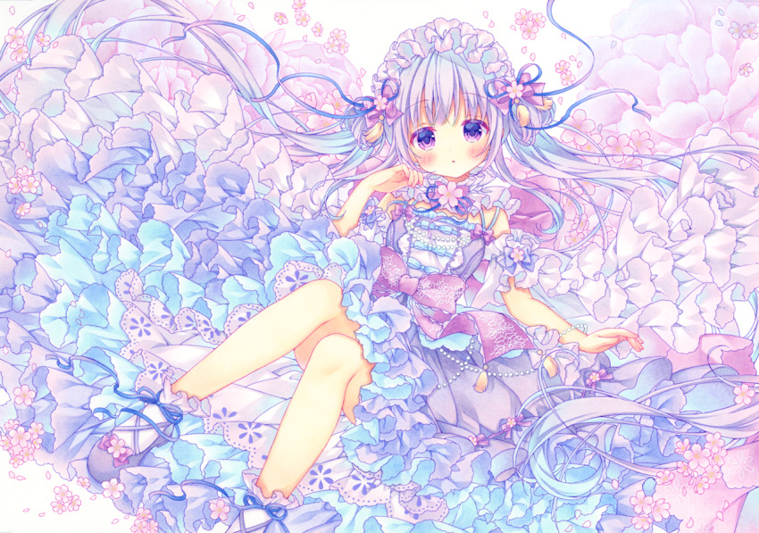 blush dress flowers lolita_fashion long_hair original purple_eyes purple_hair puu_(kari---ume)