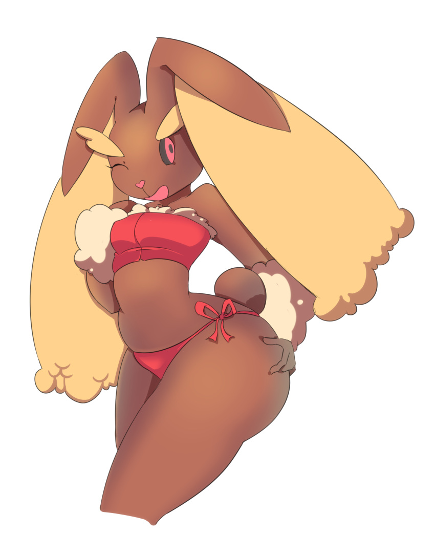 2019 ambiguous_gender anthro big_butt biped black_sclera blonde_eyebrows bra brown_body brown_fur butt clothed clothing eyebrows female fur hand_on_butt lagomorph lingerie long_ears lopunny mammal nintendo one_eye_closed open_mouth open_smile panties pink_nose pok&eacute;mon pok&eacute;mon_(species) red_clothing red_eyes ruw_ruler short_tail simple_background small_nose small_waist smile solo standing thick_eyebrows thick_thighs underwear video_games white_background wink yellow_body yellow_ears yellow_fur