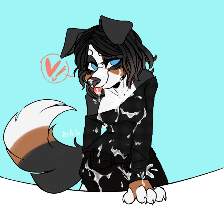 &lt;3 2020 anthro bernese_mountain_dog big_tail black_body black_fur black_nose blue_eyes blush bodily_fluids bottomwear breasts brown_body brown_fur butt button_ears canid canine canis cleavage clothed clothing cum cum_covered cum_on_clothing cum_on_face curled_hair dechito digital_media_(artwork) domestic_dog female floppy_ears fur genital_fluids hair hi_res jeans looking_at_viewer mammal medium_breasts messy molosser mountain_dog multicolored_body multicolored_fur nude off_shoulder pants paws simple_background smile solo speech_bubble standing sweatshirt swiss_mountain_dog thick_thighs tongue tongue_out topwear white_body white_fur