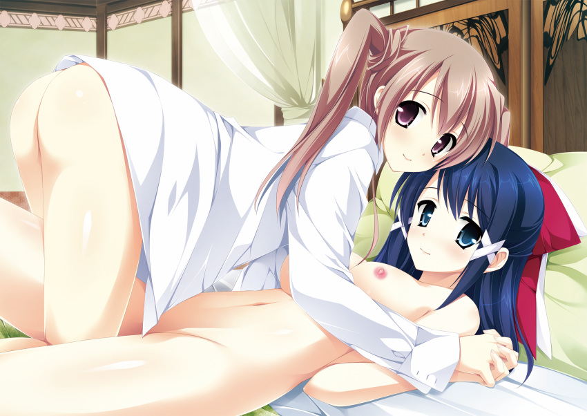 2girls ass blue_eyes blue_hair brown_hair cropped ensemble_(company) long_hair nude purple_eyes tagme_(artist) yuri