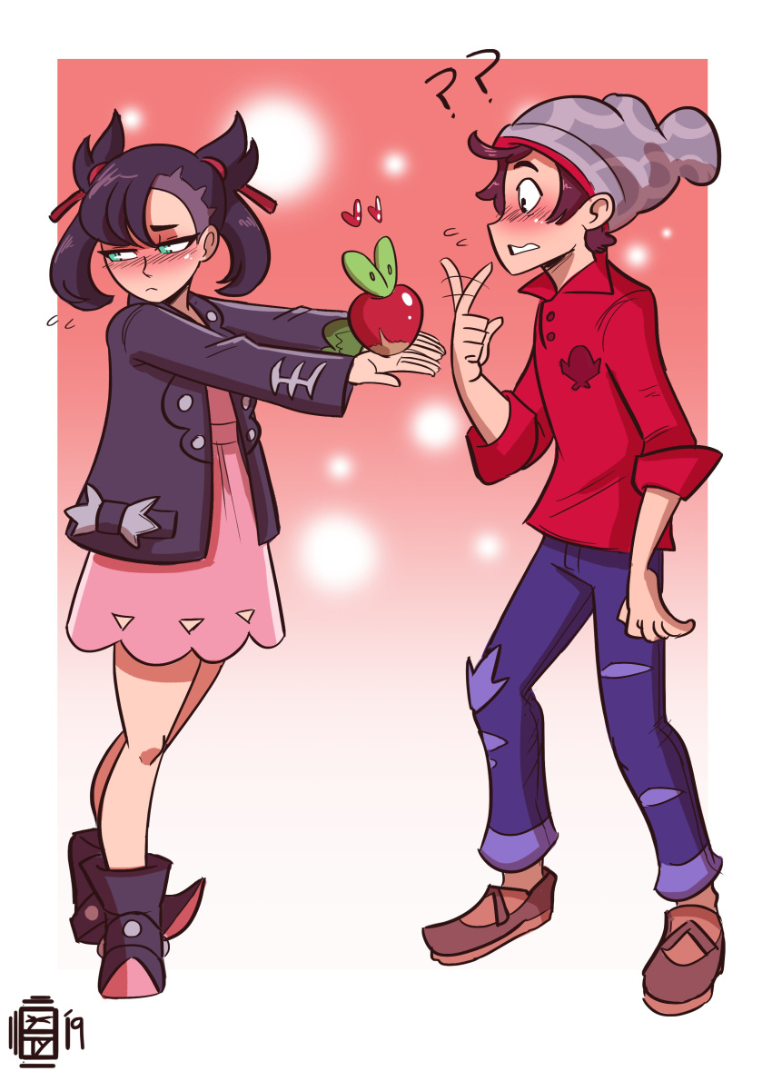 1boy 1girl ? absurdres applin beanie black_footwear black_hair black_jacket brown_footwear brown_hair confused denim dress embarrassed giving gradient gradient_background hat heart highres jacket jeans mary_(pokemon) masaru_(pokemon) pants pink_dress pointy_shoes pokemon pokemon_(game) pokemon_swsh red_background red_ribbon red_shirt ribbon scruffyturtles shaved_head shirt shoes short_hair shy signature sleeves_rolled_up sparkle_background torn_clothes torn_jeans torn_pants twintails