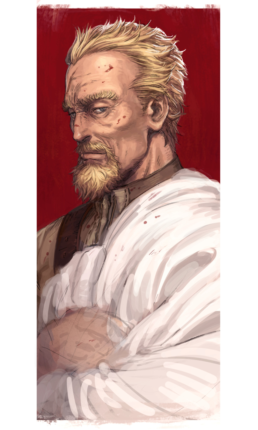 1boy askeladd beard blonde_hair blue_eyes facial_hair highres long_sleeves looking_at_viewer male_focus realistic scar simple_background sketch solo traditional_media viking vinland_saga yomimomsg