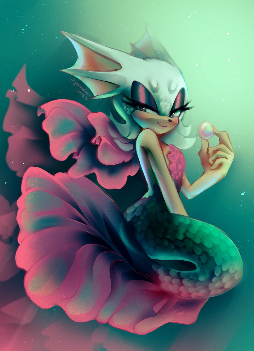 2018 alternate_species anthro eyelashes female fin gem green_body hi_res holding_object marine merfolk pearl_(gem) pink_body pink_scales rouge_the_bat scales smile solo sonic_the_hedgehog_(series) spacecolonie tan_body tan_skin underwater water white_body