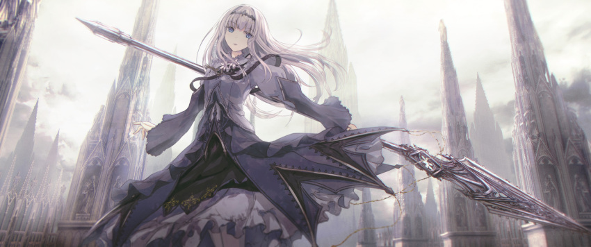 1girl bangs blue_eyes cloud cloudy_sky commentary_request dress eyebrows_visible_through_hair flower frills grey_dress headpiece highres holding holding_spear holding_weapon juliet_sleeves long_hair long_sleeves looking_at_viewer missile228 original outdoors outstretched_arms parted_lips polearm puffy_sleeves silver_hair sky solo spear tower weapon white_flower wide_sleeves