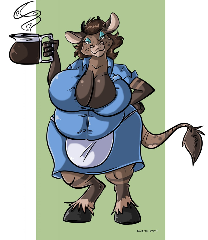 anthro big_breasts bovid bovine breasts cattle cleavage clothed clothing dutch_(artist) female mammal slightly_chubby solo waiter