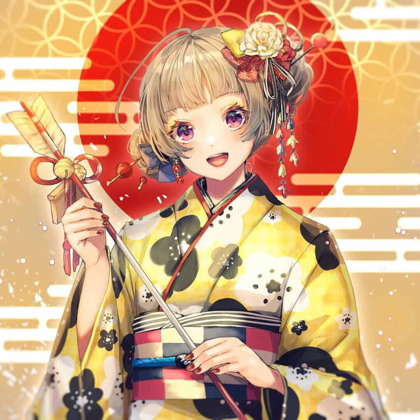 1girl :d ahoge arrow bangs bell blue_bow blush bow commentary_request double_bun earrings floral_print flower flower_earrings grey_hair hair_bow hair_flower hair_ornament hair_stick hamaya happy_new_year japanese_clothes jewelry jingle_bell kanzashi kimono long_sleeves looking_at_viewer nail_polish new_year obi open_mouth original purple_eyes red_bow red_nails red_sun sash shinotarou_(nagunaguex) smile solo upper_body white_flower wide_sleeves yellow_bow yellow_kimono