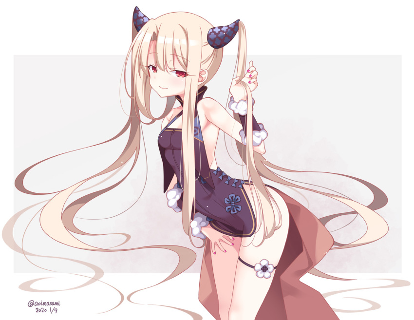 blonde_hair chinese_clothes chinese_dress cosplay fate/grand_order fate_(series) garter illyasviel_von_einzbern long_hair red_eyes signed soukai_(lemonmaiden) twintails wristwear