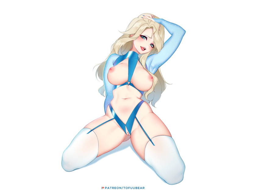 aqua_eyes blonde_hair bodysuit breasts elsa_(frozen) frozen_(disney) garter_belt logo long_hair navel nipples pussy stockings tofuubear uncensored watermark white