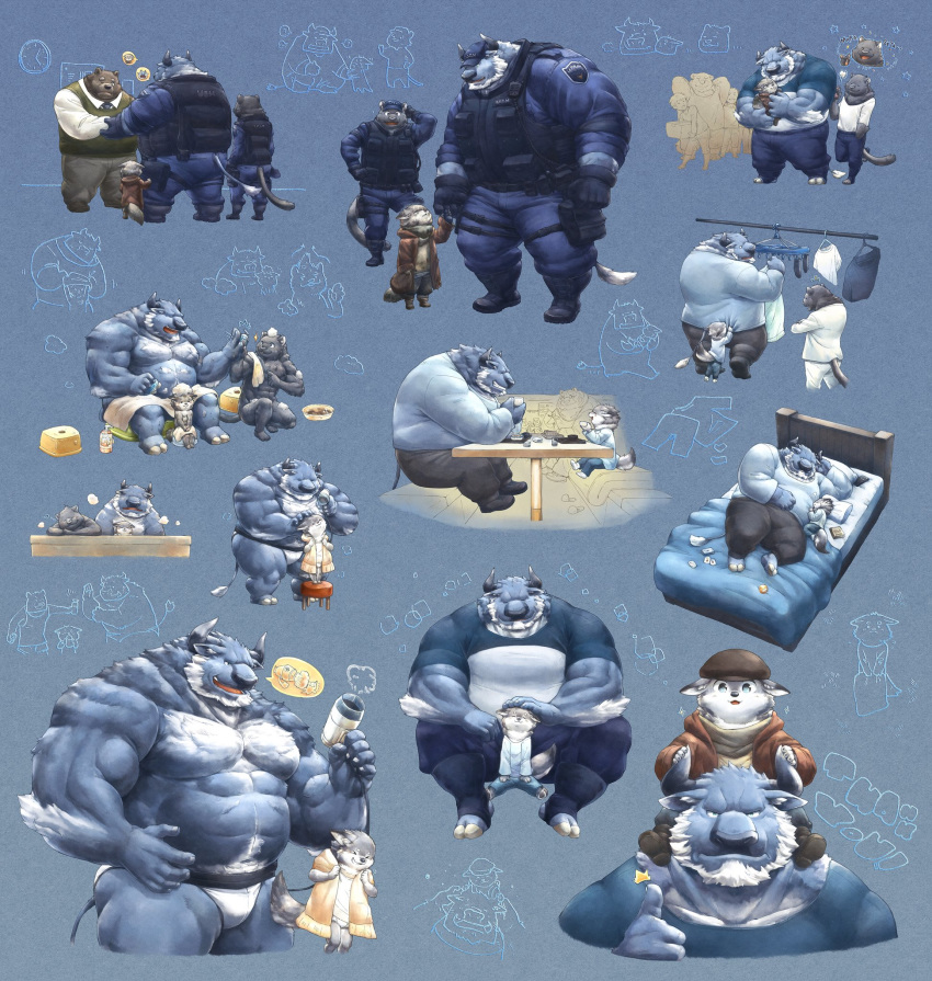 2020 anthro barazoku bed belly blue_body blue_fur bottomwear bovid bovine butt cattle clothing felid feline fur furniture group in_a_gamepxv kemono lying male mammal moobs muscular pants shirt sitting topwear underwear ursid young