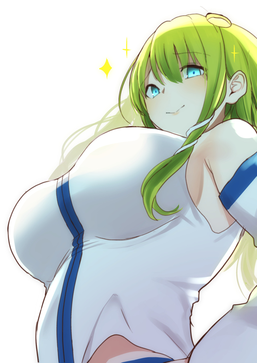 1girl absurdres amisu bangs bare_shoulders blue_eyes blush breasts closed_mouth collared_shirt commentary_request detached_sleeves eyebrows_visible_through_hair eyelashes frog_hair_ornament from_below green_hair hair_ornament highres kochiya_sanae large_breasts lips long_hair long_sleeves looking_at_viewer looking_down midriff nontraditional_miko one-hour_drawing_challenge shiny shiny_hair shirt simple_background sleeveless sleeveless_shirt smile snake_hair_ornament solo sparkle standing touhou upper_body white_background white_shirt wide_sleeves wing_collar