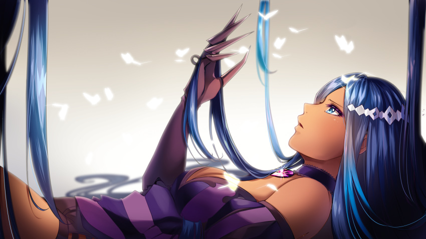 1girl amulet beige_background blue_eyes blue_hair breasts bug butterfly claw_ring cleavage collar commentary dark_skin dress frilled_collar frills from_side gem glowing_butterfly gradient gradient_background hair_ornament hand_up highres insect jewelry long_hair looking_away looking_up lying medium_breasts merli_(vocaloid) off_shoulder on_back parted_lips pendant profile purple_dress short_shorts shorts solo tan upper_body very_long_hair vocaloid yen-mi