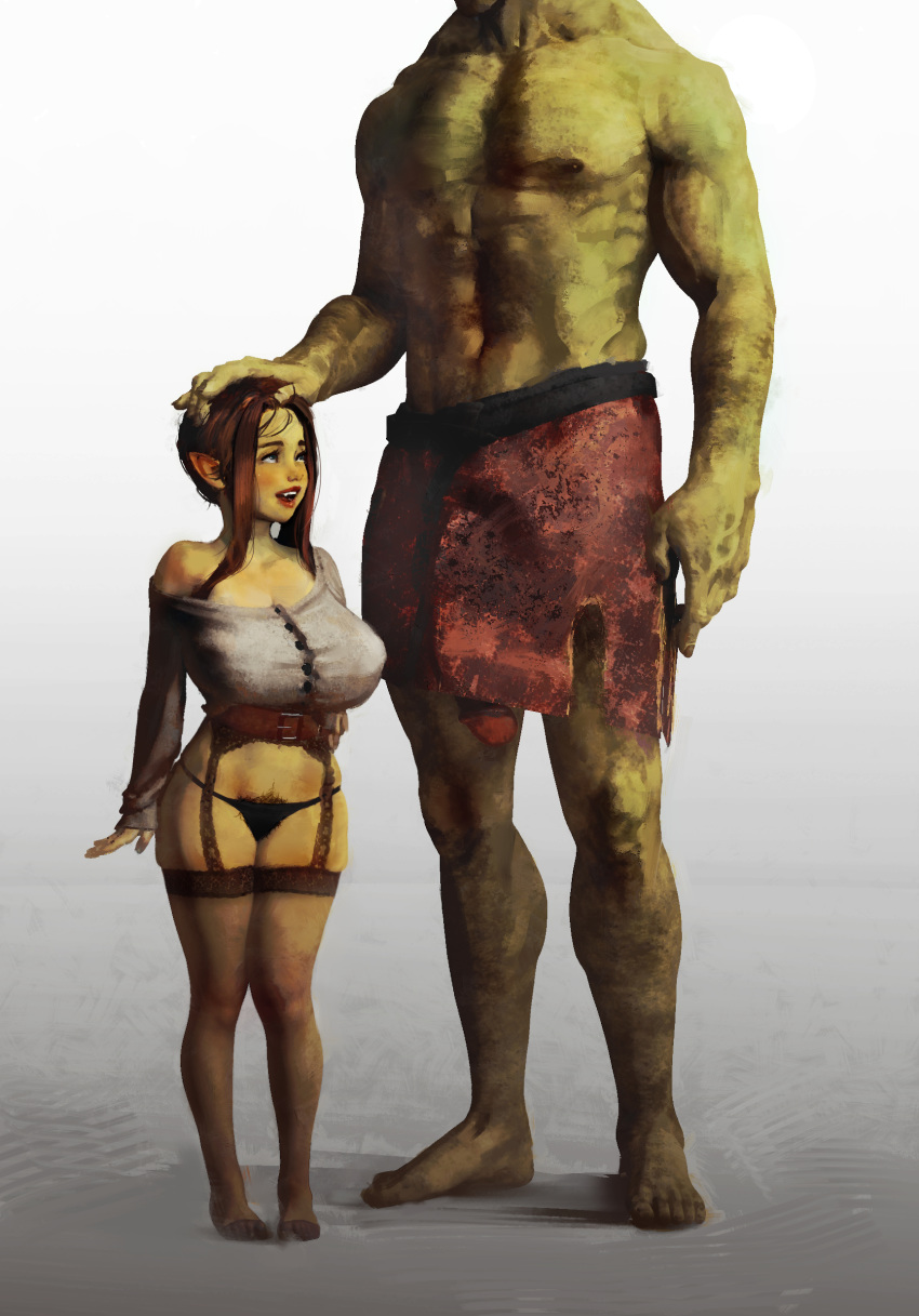 1girl absurdres belt black_panties breasts brown_eyes buttons diathorn fang female_goblin flaccid garter_belt garter_straps goblin green_skin grey_background hand_on_another's_head head_out_of_frame height_difference highres huge_breasts interspecies lips lipstick looking_up makeup no_shoes nose off_shoulder orc original panties penis_peek petting pigeon-toed pointy_ears pubic_hair pubic_hair_peek sheer_legwear short_hair short_stack sidelocks solo_focus standing thighhighs underwear when_you_see_it