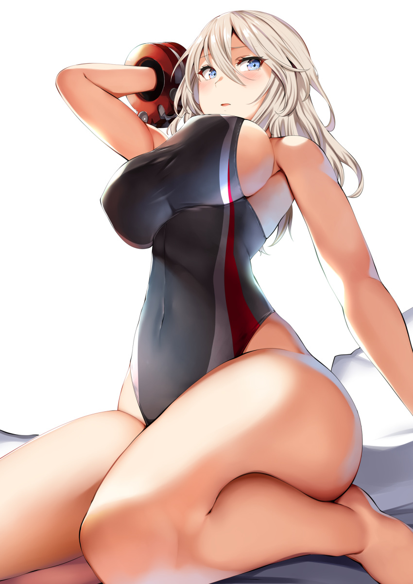 1girl alisa_ilinichina_amiella arm_behind_head bangs banned_artist bare_shoulders black_swimsuit blue_eyes blush breasts covered_navel cuffs god_eater god_eater_2:_rage_burst hair_between_eyes highres large_breasts lolicept long_hair looking_at_viewer one-piece_swimsuit open_mouth parted_lips sideboob silver_hair simple_background sitting solo swimsuit thighs wariza white_background