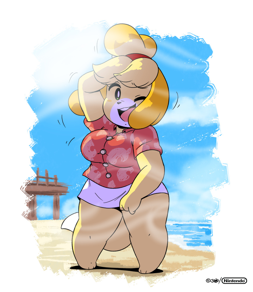 2020 animal_crossing anthro beach black_nose blonde_hair bottomwear breasts canid canine canis clothed clothing digital_media_(artwork) domestic_dog female hair hand_behind_head hi_res isabelle_(animal_crossing) joaoppereiraus looking_at_viewer mammal nintendo one_eye_closed open_mouth open_smile seaside shih_tzu shirt short_stack signature slightly_chubby smile solo thick_thighs topwear toy_dog video_games wink