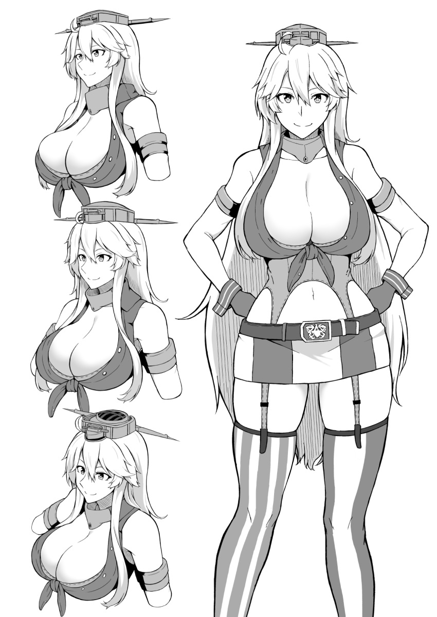 1girl ahoge belt breasts cleavage closed_mouth collarbone cropped_torso elbow_gloves garter_straps gloves hands_on_hips hat highres iowa_(kantai_collection) kantai_collection large_breasts looking_at_viewer midriff mismatched_legwear monochrome multiple_views navel nikonikosiro sidelocks smile standing striped striped_legwear upper_body