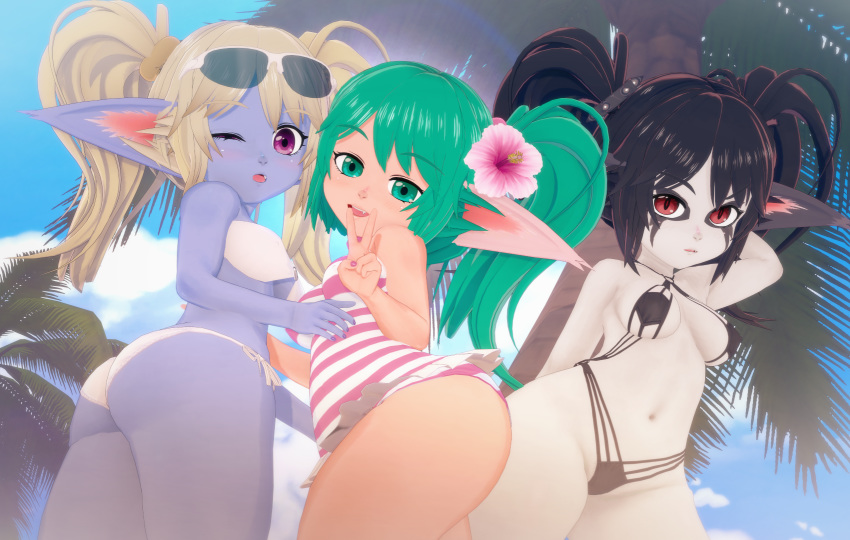 3d_(artwork) accessory bikini black_fur_black_hair blonde_hair blue_body blue_fur breasts butt clothing cloud digital_media_(artwork) flower flower_in_hair fur green_eyes green_hair hair hair_accessory league_of_legends plant poppy_(lol) purple_eyes red_eyes riot_games swimwear tree video_games white_body white_fur witchanon yordle