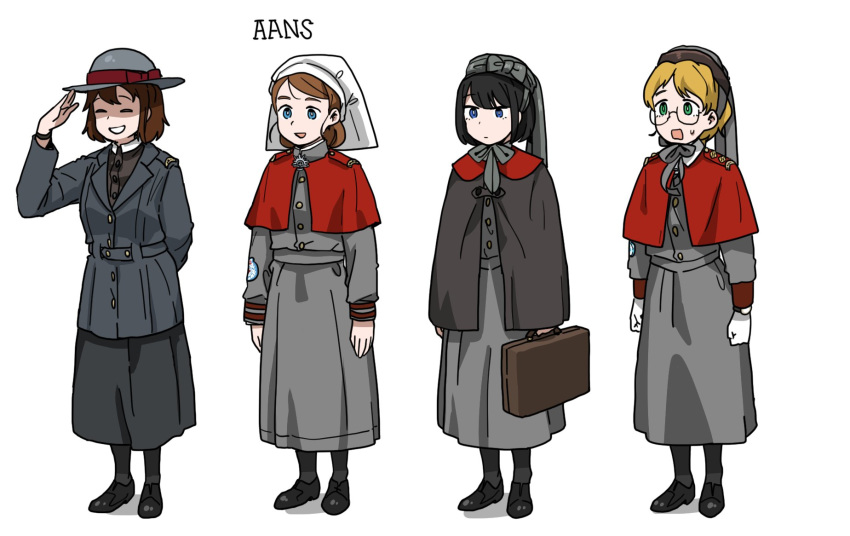 4girls anyan_(jooho) black_footwear black_hair blonde_hair blue_eyes briefcase brown_hair cape capelet commentary_request comparison full_body glasses gloves green_eyes hat headwear highres korean_commentary long_skirt long_sleeves multiple_girls original pantyhose salute shoes short_hair simple_background skirt standing uniform watch white_background white_gloves world_war_i wristwatch