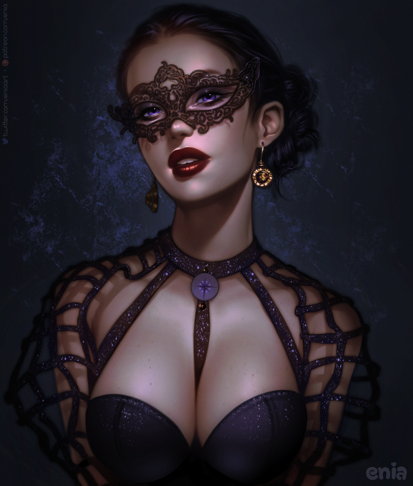 1girl absurdres artist_name black_hair breasts cleavage dark_background earrings enia_(eniaart) eyeshadow freckles gumroad_reward hair_bun hair_pulled_back highres huge_filesize jewelry large_breasts lips lipstick looking_at_viewer makeup mascara mask masquerade paid_reward parted_lips patreon_username purple_eyes red_lips short_hair solo teeth the_witcher the_witcher_3 twitter_username upper_body watermark web_address yennefer