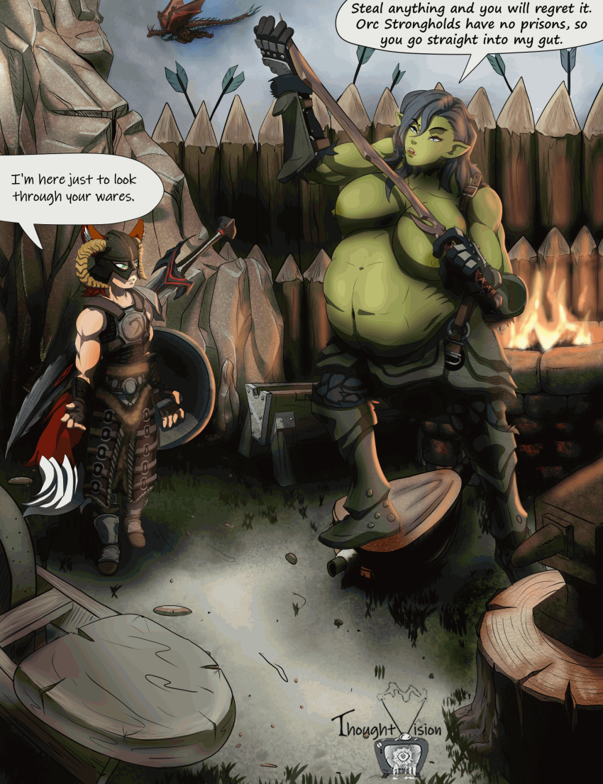 2d_animation animated anthro anvil armor bellows belly bethesda_softworks big_belly big_breasts blacksmith breasts clothed clothing dragon female frame_by_frame fur hair humanoid long_hair loop male melee_weapon muscular muscular_male nipples oral_vore orc orc_humanoid shield skyrim sword text the_elder_scrolls thoughtvision tools video_games vore weapon