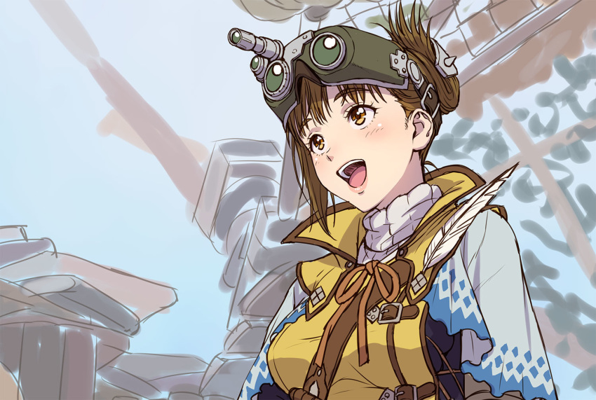 1girl brown_eyes brown_hair commentary_request eyebrows_visible_through_hair feathers goggles goggles_on_head handler_(monster_hunter_world) monster_hunter monster_hunter:_world nigou open_mouth shoulder_belt sketch solo sweater turtleneck turtleneck_sweater updo vest