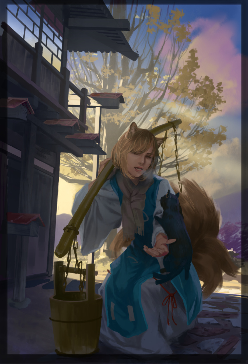 1girl animal_ears animal_on_arm architecture bangs black_border blonde_hair blue_sky border breath brown_scarf bucket carrying_pole cat_on_person chain chen chen_(cat) cloud cobblestone commentary_request day dress east_asian_architecture fox_ears fox_tail hidebo highres jewelry lips looking_down lower_teeth multiple_tails nekomata no_headwear nose open_mouth outdoors outstretched_arm parted_lips scarf short_hair single_earring sky solo squatting tabard tail touhou tree white_dress yakumo_ran