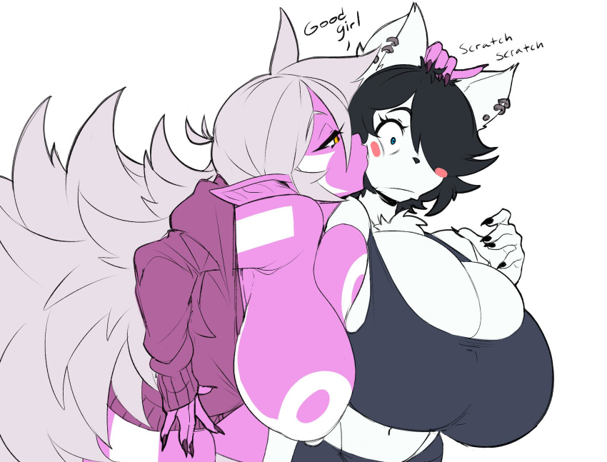 2019 anthro bewbchan big_breasts black_hair blue_eyes blush blush_stickers bottomless breast_squish breasts breasts_frottage canid canine canis chest_tuft clothed clothing curvy_figure digital_media_(artwork) domestic_dog ear_piercing female female/female fur good_girl grey_hair hair hand_on_head huge_breasts humanoid humanoid_pointy_ears jacket kissing_cheek maggie_applebee mammal partially_clothed piercing pink_body simple_background squish surprise surprise_kiss tight_clothing topwear tuft white_background white_body white_fur yellow_eyes zeezee_(bewbchan)