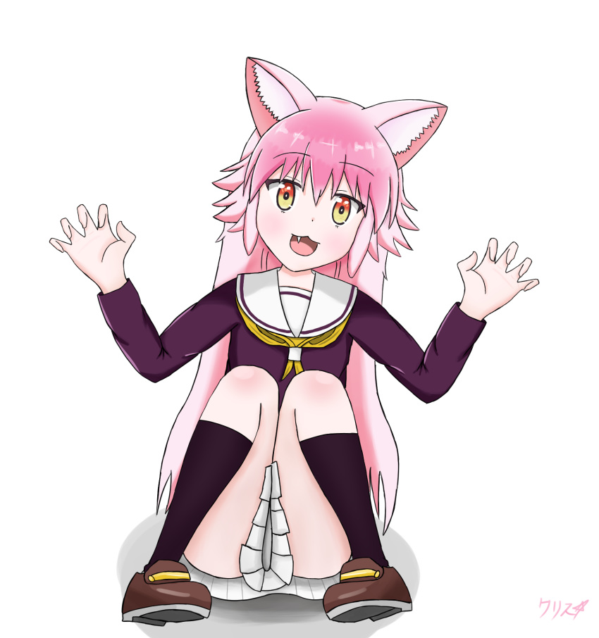 ! 2020 5_fingers animal_humanoid anime boppin butt canid canid_humanoid canine canine_humanoid clothing cute_fangs female fingers footwear fur hair humanoid long_hair mammal mammal_humanoid murenase!_seton_gakuen open_mouth paw_pose pink_body pink_fur pink_hair pose ranka_ookami school_uniform shoes simple_background sitting solo uniform white_background wolf_humanoid yellow_eyes