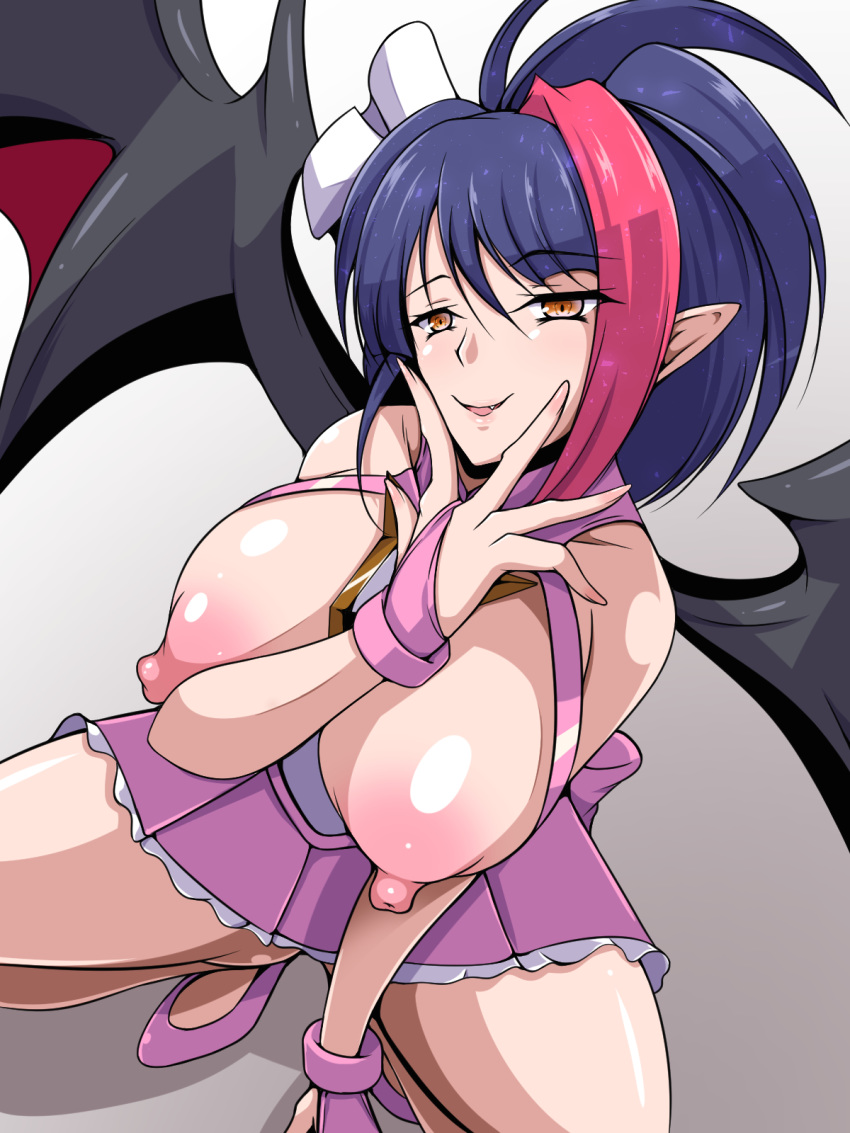 1girl aimo_(aimo1214) bat_wings blue_hair breasts brown_eyes fang fingernails grey_background highres large_breasts long_fingernails looking_at_viewer millaarc multicolored_hair pink_hair pointy_ears puffy_nipples purple_footwear senki_zesshou_symphogear smile solo squatting two-tone_hair v_over_mouth wings