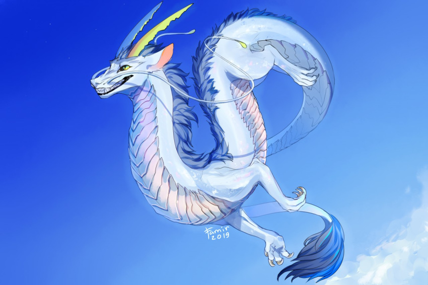 2019 asian_mythology barbel_(anatomy) black_lips claws cloud dragon east_asian_mythology eastern_dragon famir_(artist) fangs flesh_whiskers horn lips mythology scalie sky solo ventral_scales